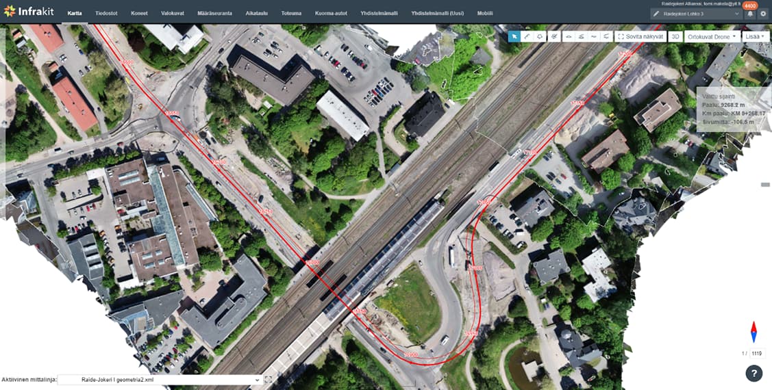 Infrakit map view of the Jokeri Light Rail construction route at Oulunkylä, showing an aerial orthophoto with the light rail alignment overlaid in red across a residential and rail junction area in Helsinki.