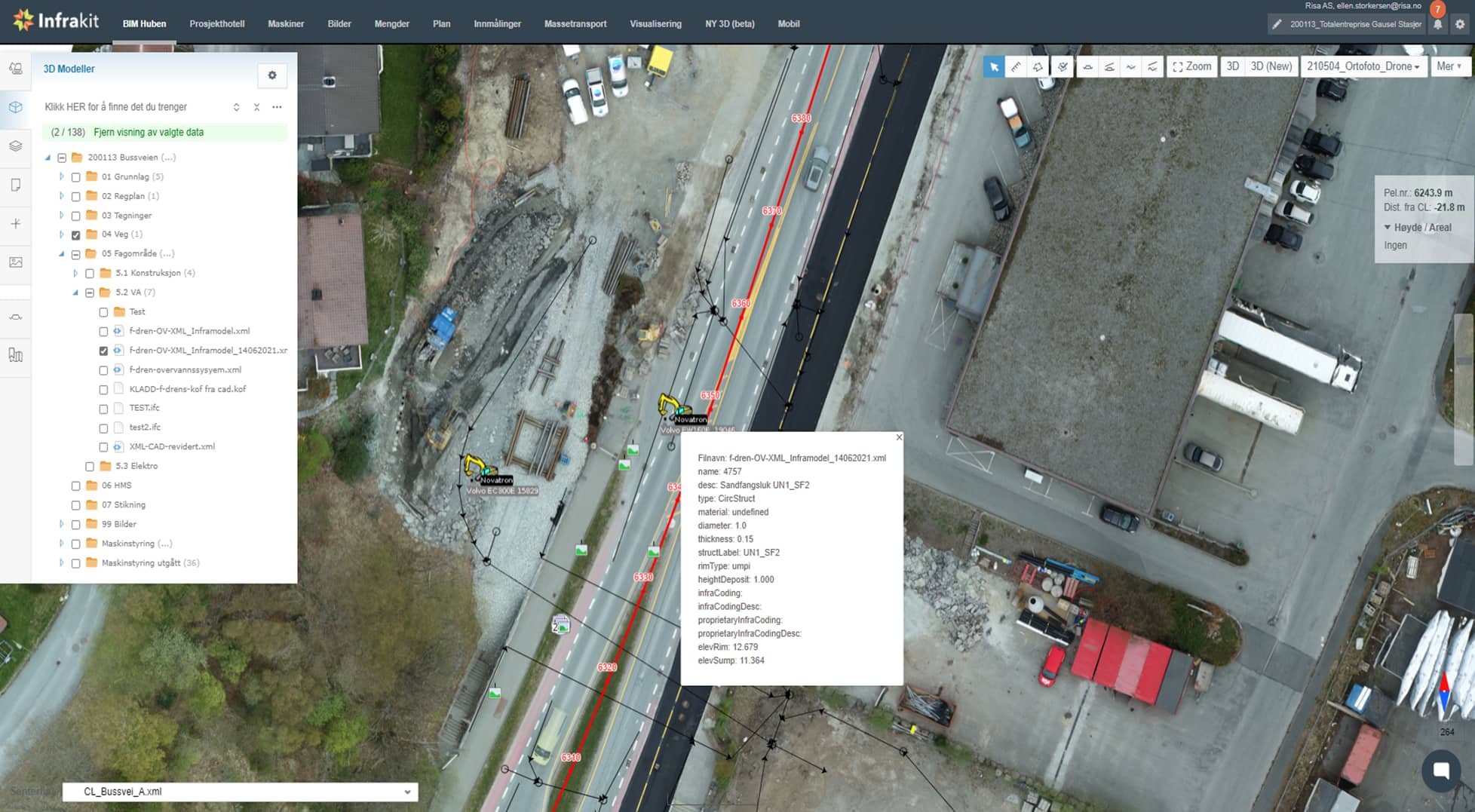 Infrakit web interface used by Risa on a Norwegian road construction project, showing an aerial map view with a 3D models panel and a popup displaying detailed XML model properties for a drainage structure element.