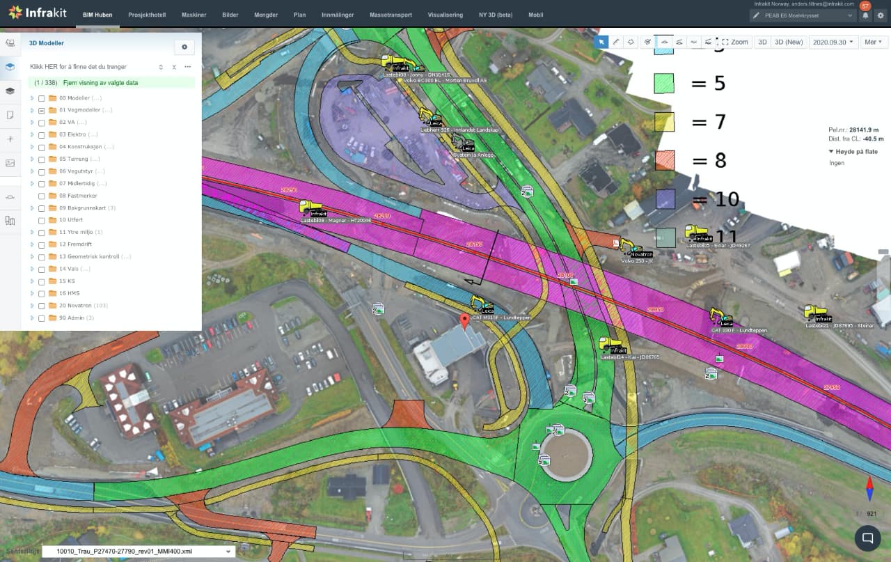 Infrakit platform screenshot showing the E6 Moelvkrysset interchange project in Norway, with color-coded road design layers, real-time machine positions, and a 3D model file browser panel.