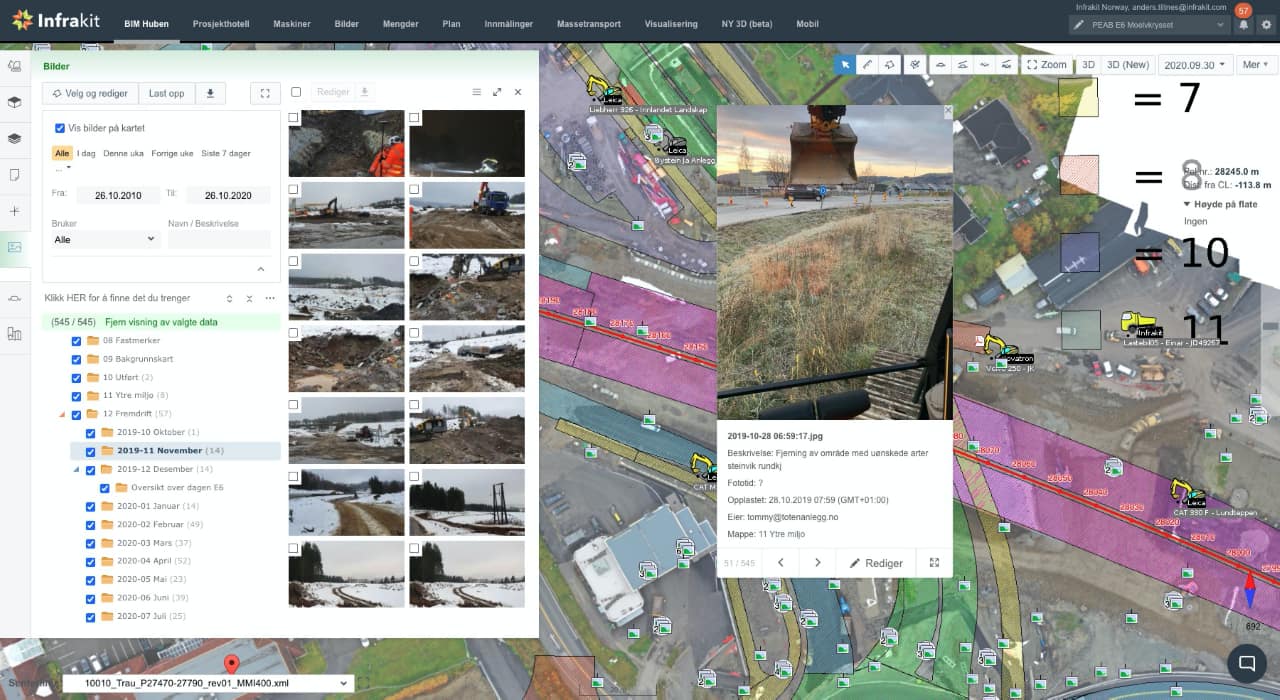 Infrakit platform screenshot showing the photo management module for the E6 Moelvkrysset project, with a geotagged site photo gallery organized by date and folder, and a selected image pinned to the map view.