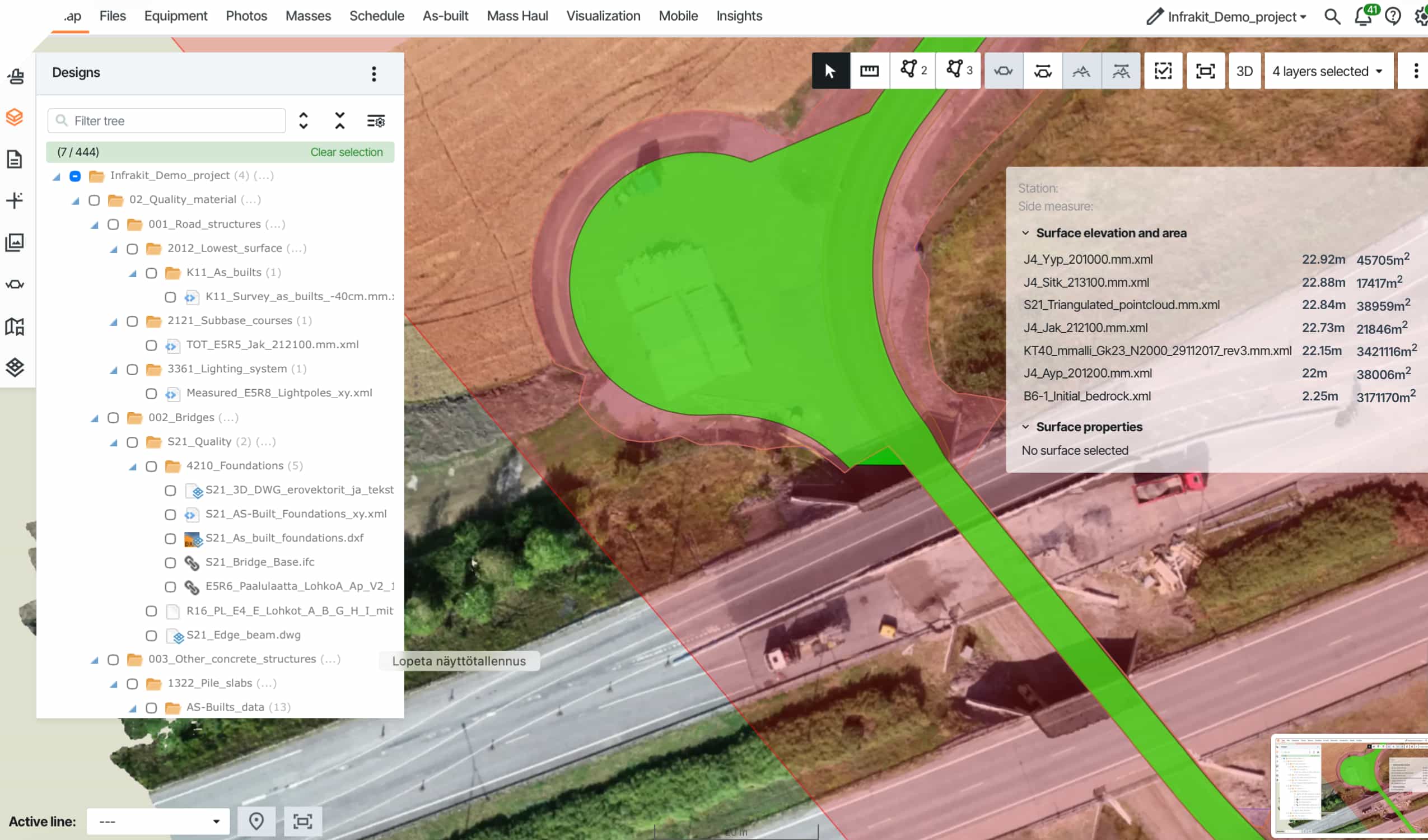 Infrakit OFFICE map interface displaying XML design models with ISO 15143-4 standard colors, showing green and red-shaded layers over an aerial construction site with a structured Designs panel on the left.