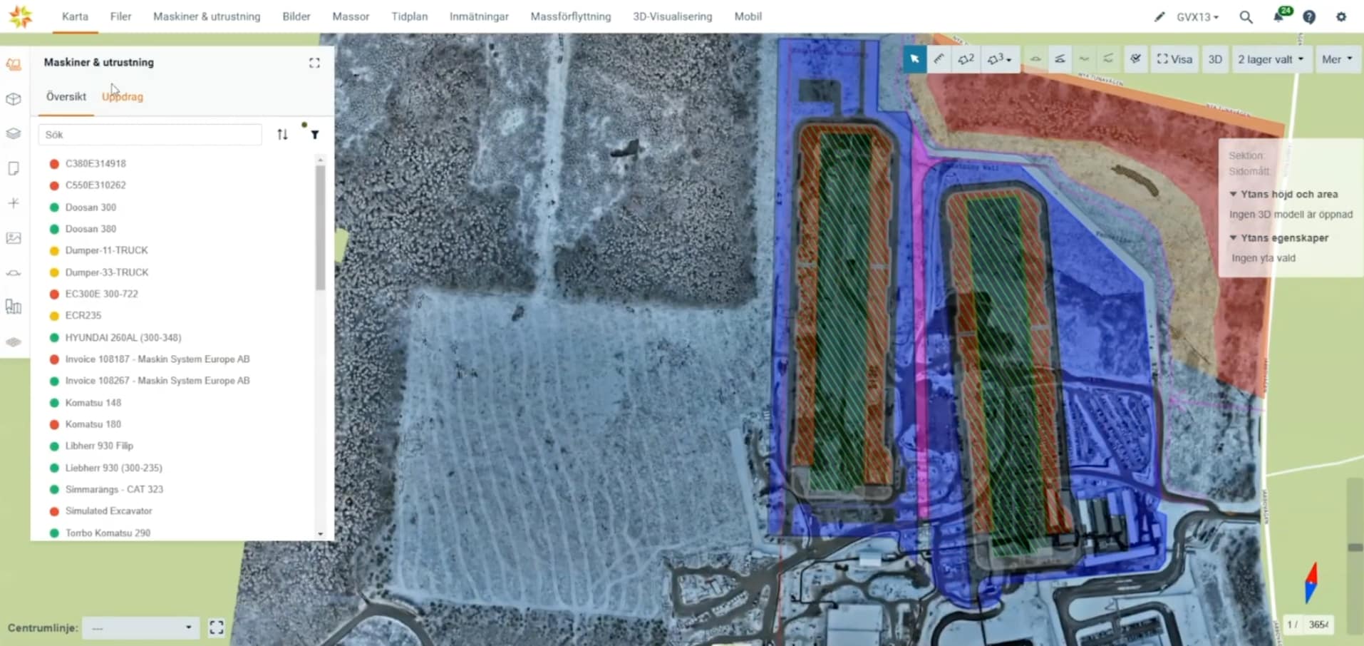 Infrakit platform screenshot showing the machines and equipment panel for a Swedish civil project, with a live list of named machines and their status alongside a map view with color-coded design layers and drone orthophoto background.