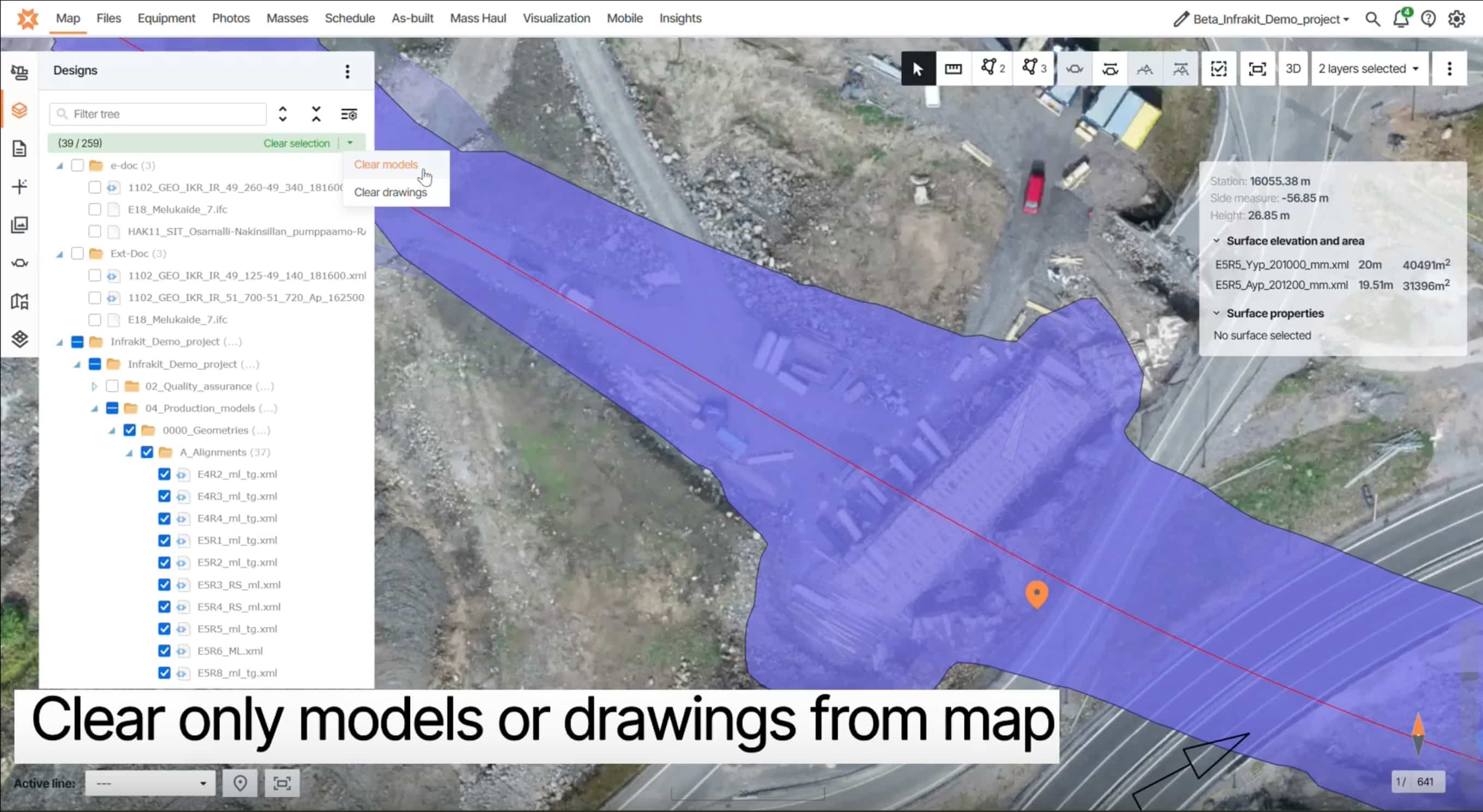 Infrakit OFFICE map interface showing the Designs panel with a dropdown menu offering "Clear models" and "Clear drawings" options, demonstrating the new ability to selectively clear models or drawings from the map in release 3.9.8.