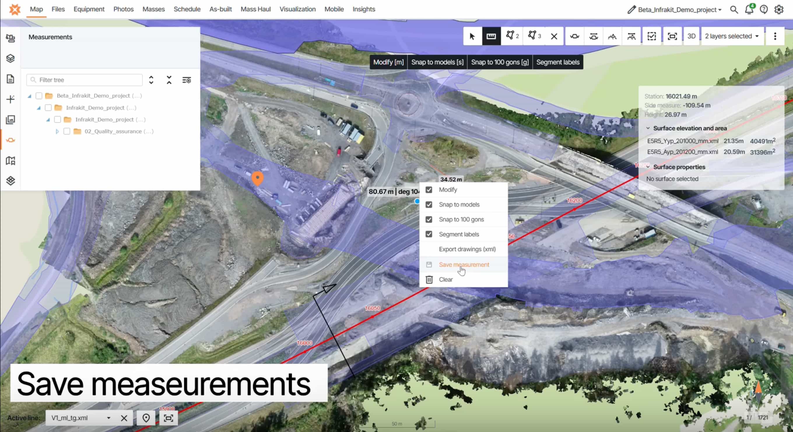 Infrakit OFFICE map interface showing a measurement context menu with the "Save measurement" option highlighted, demonstrating the new persistent measurements feature in release 3.9.8.