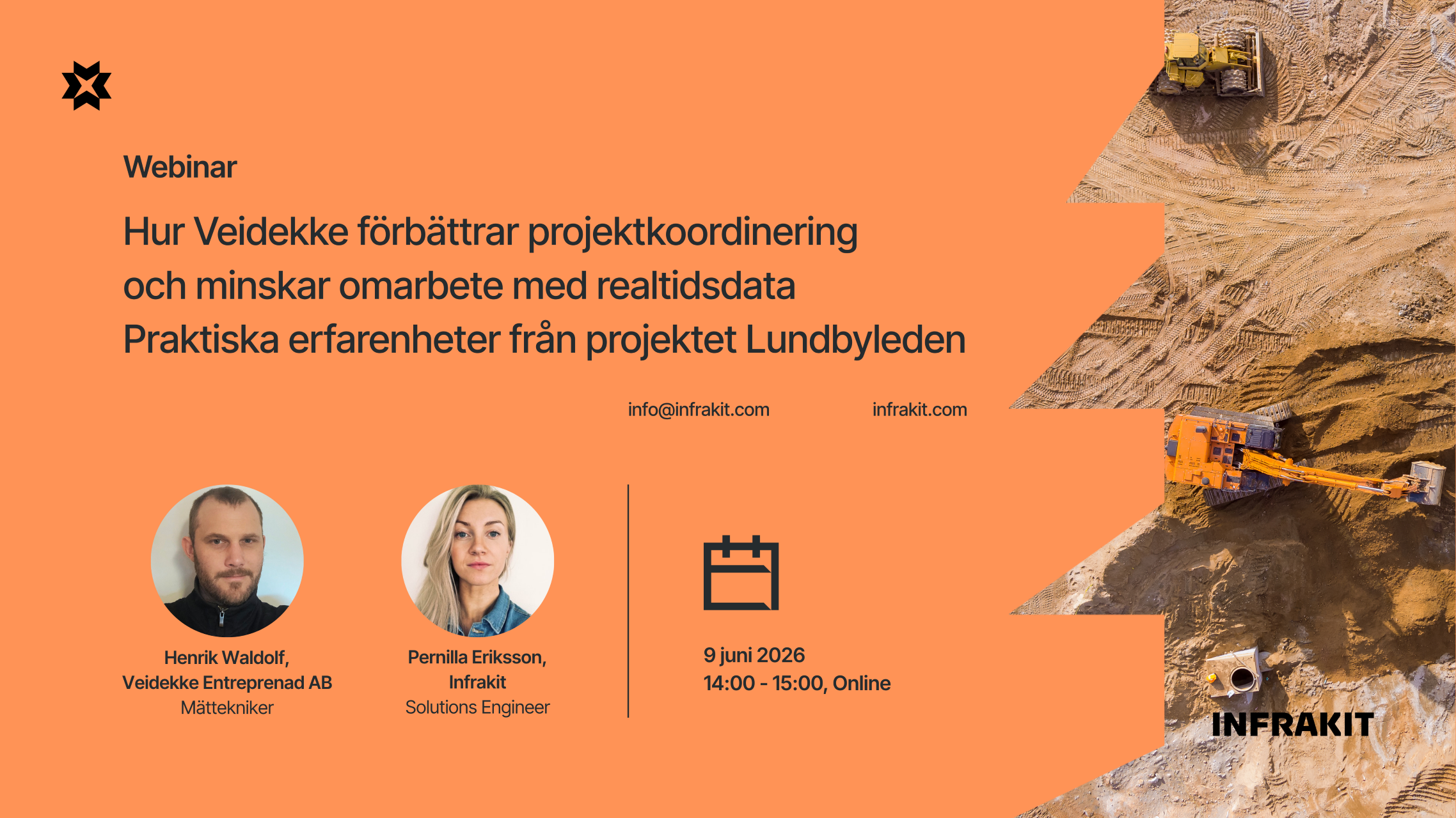 Orange webinarbanner om hur Veidekke förbättrar projektkoordinering och minskar omarbete med realtidsdata på Lundbyleden, med Henrik Waldolf och Pernilla Eriksson.