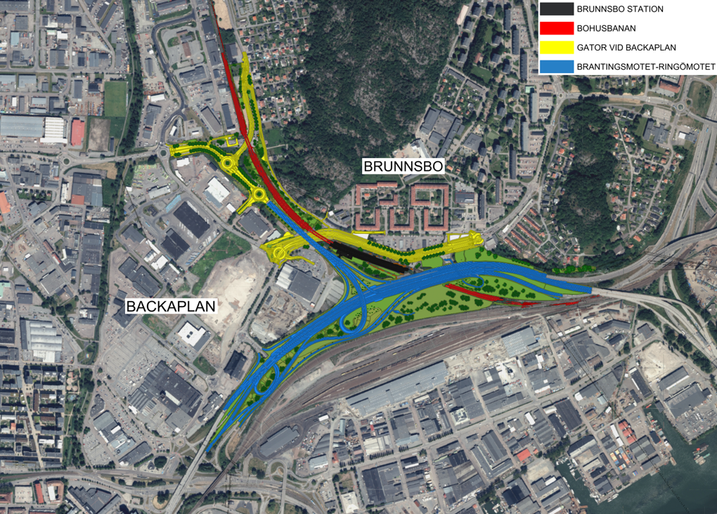 Aerial map of Brunnsbo and Backaplan in Gothenburg with color-coded transport routes, roadworks and rail connections around the station area.