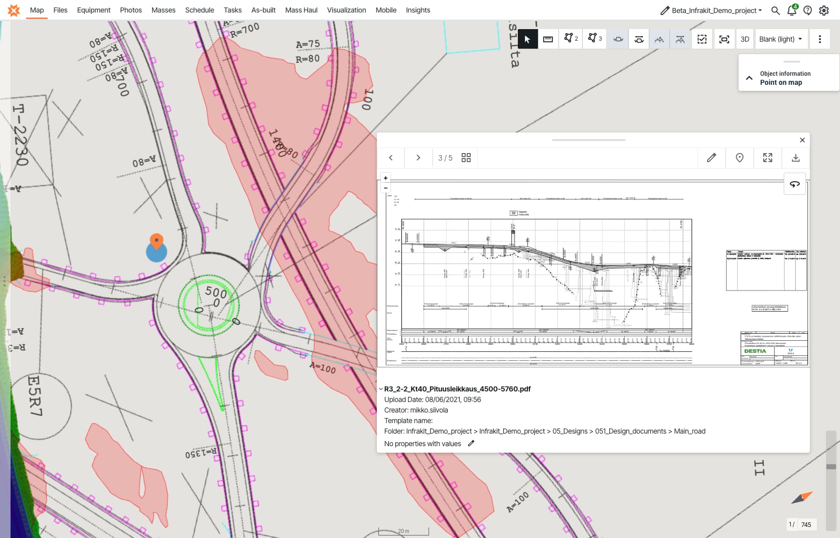 Geolocated PDF plans overlaid on a construction project map