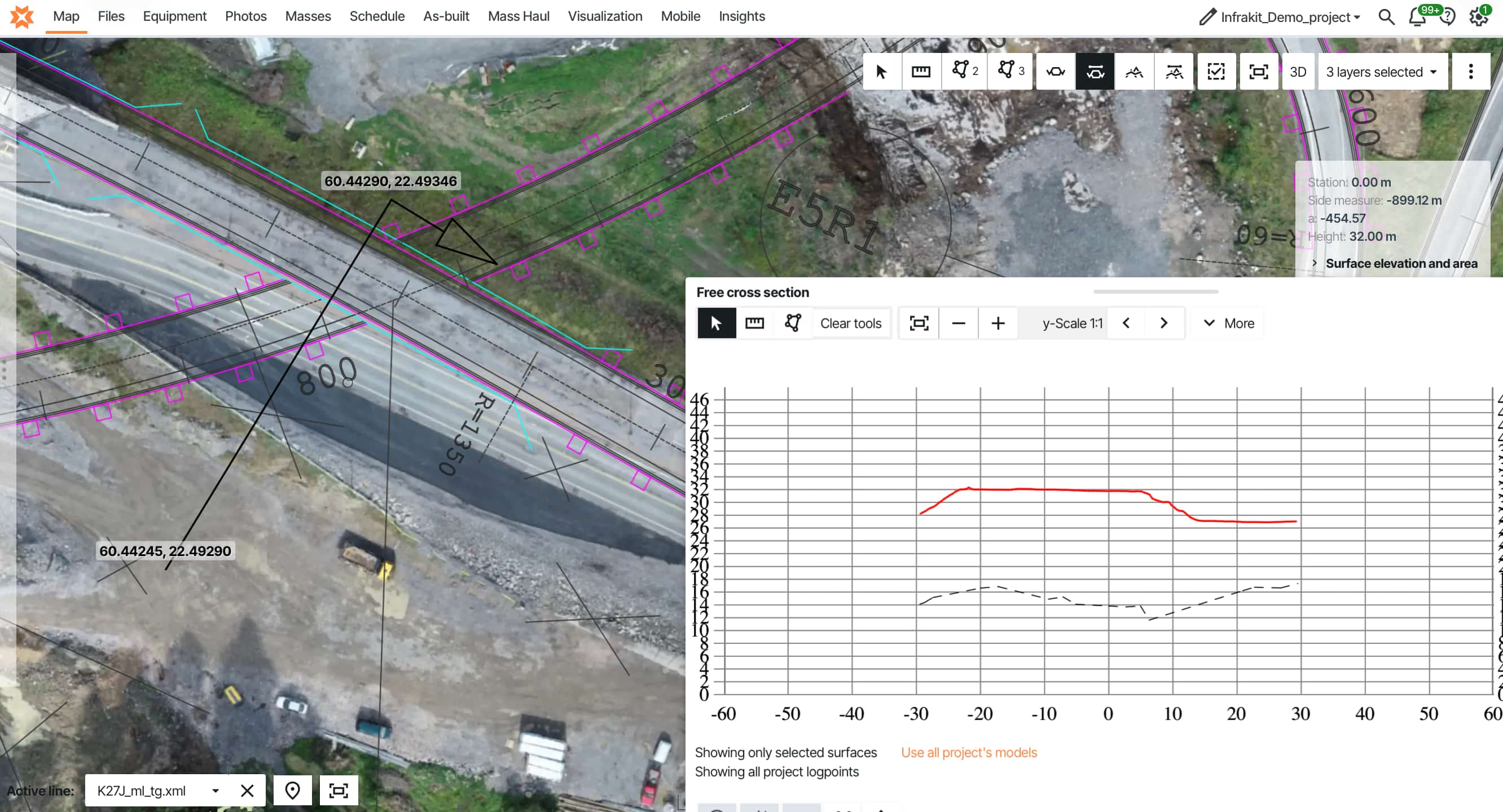 Infrakit map view shows a satellite road corridor with a free cross section panel, coordinate markers, and a red elevation profile line on a BIM infrastructure project.