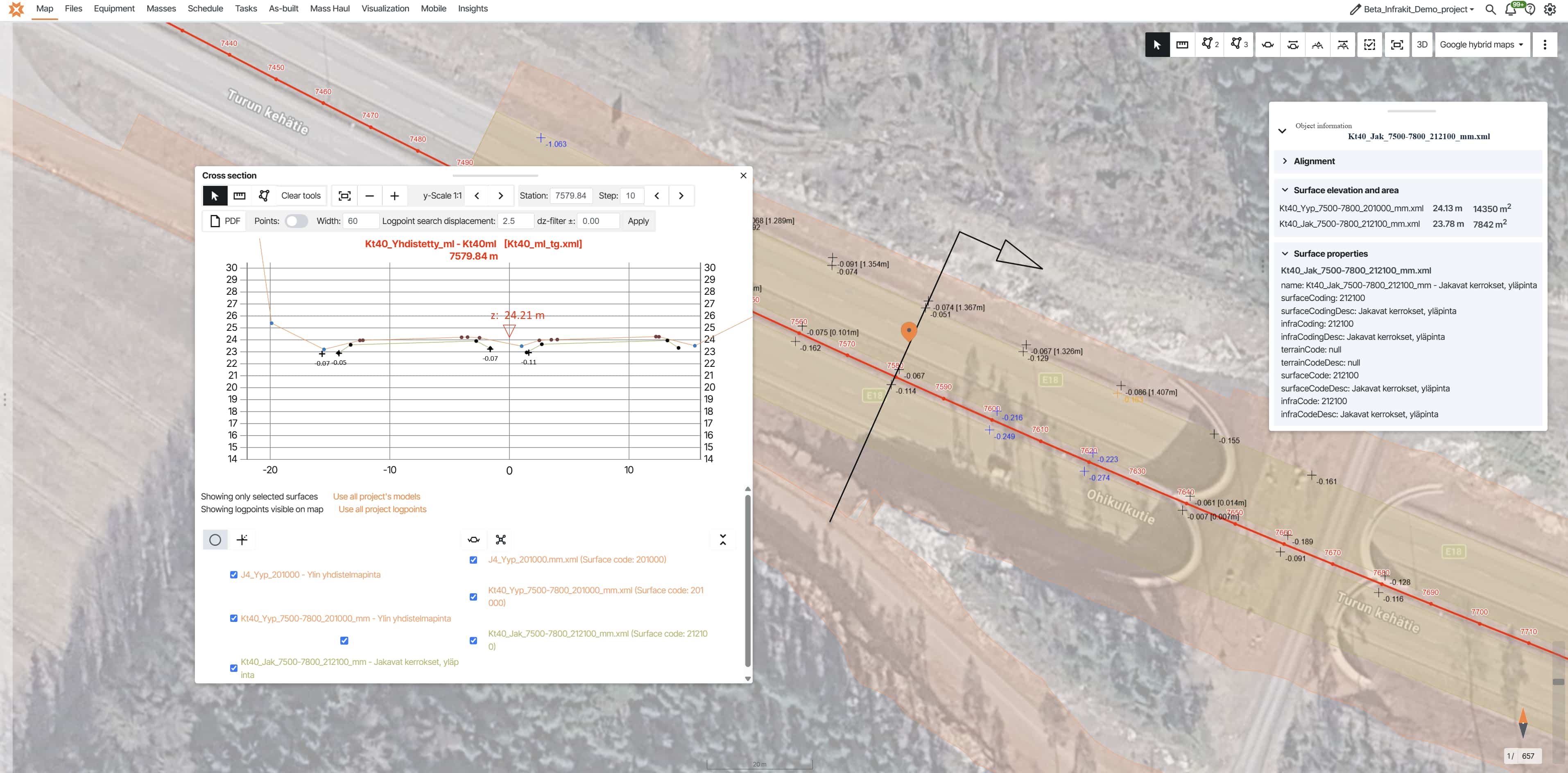 As-built cross-section checked against design surfaces in Infrakit