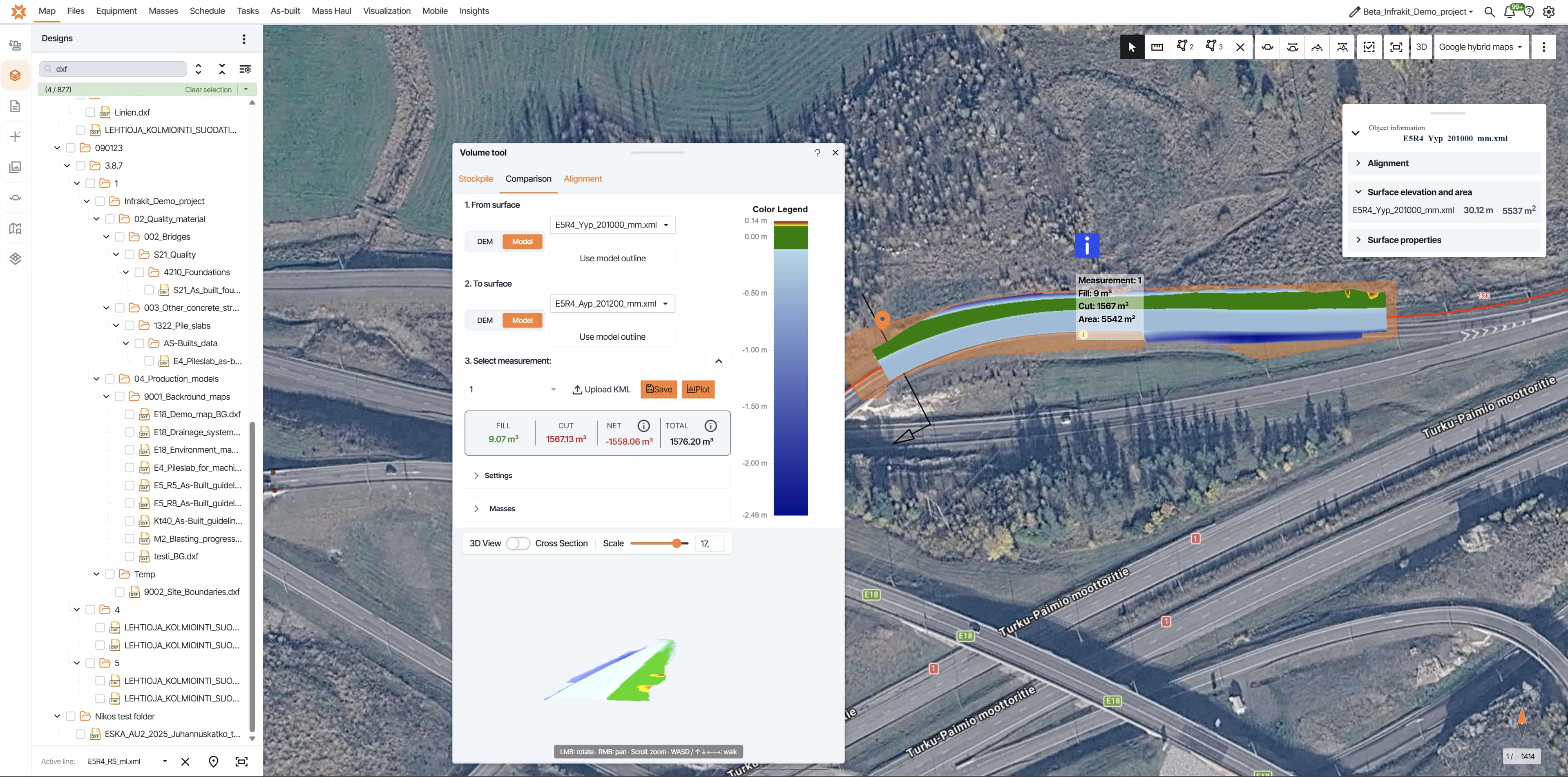 Infrakit Volume tool showing cut and fill calculation over a road corridor, with net material volume displayed