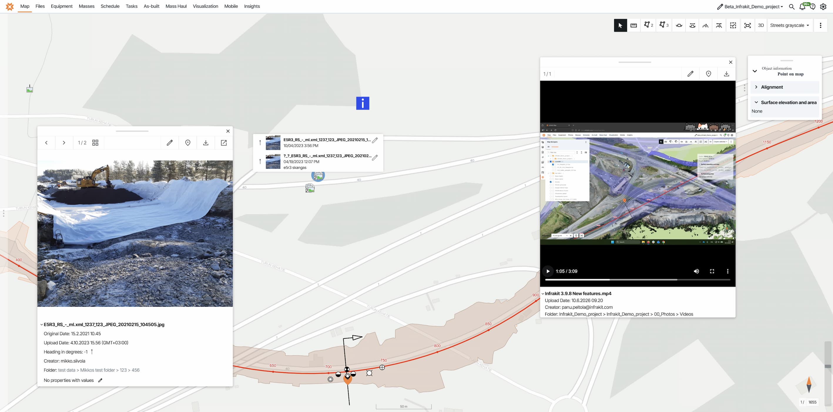 Geotagged construction site photo and video pinned to their locations on a project map